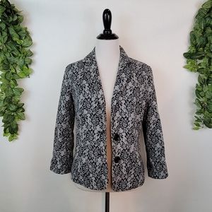 Olivia Moon Floral Lace Print Lined Blazer with Pockets Black White Button Cuff